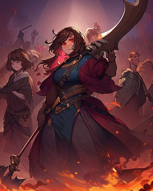 Wide brown hair, freckles on her face, a tall girl, has a battle axe, wears purple and black men's battle clothes, red eyes with bangs covering her eyes