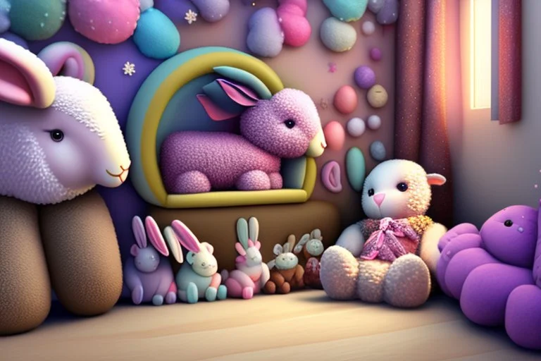 In a cozy child's room, nestled between colorful walls and fluffy pillows, lived a group of enchanting toys who magically came to life each night. Plushie the Sheep, Stardust the Star, Bubbles the Bunny, and Snuggles the Teddy Bear were the best of friends.