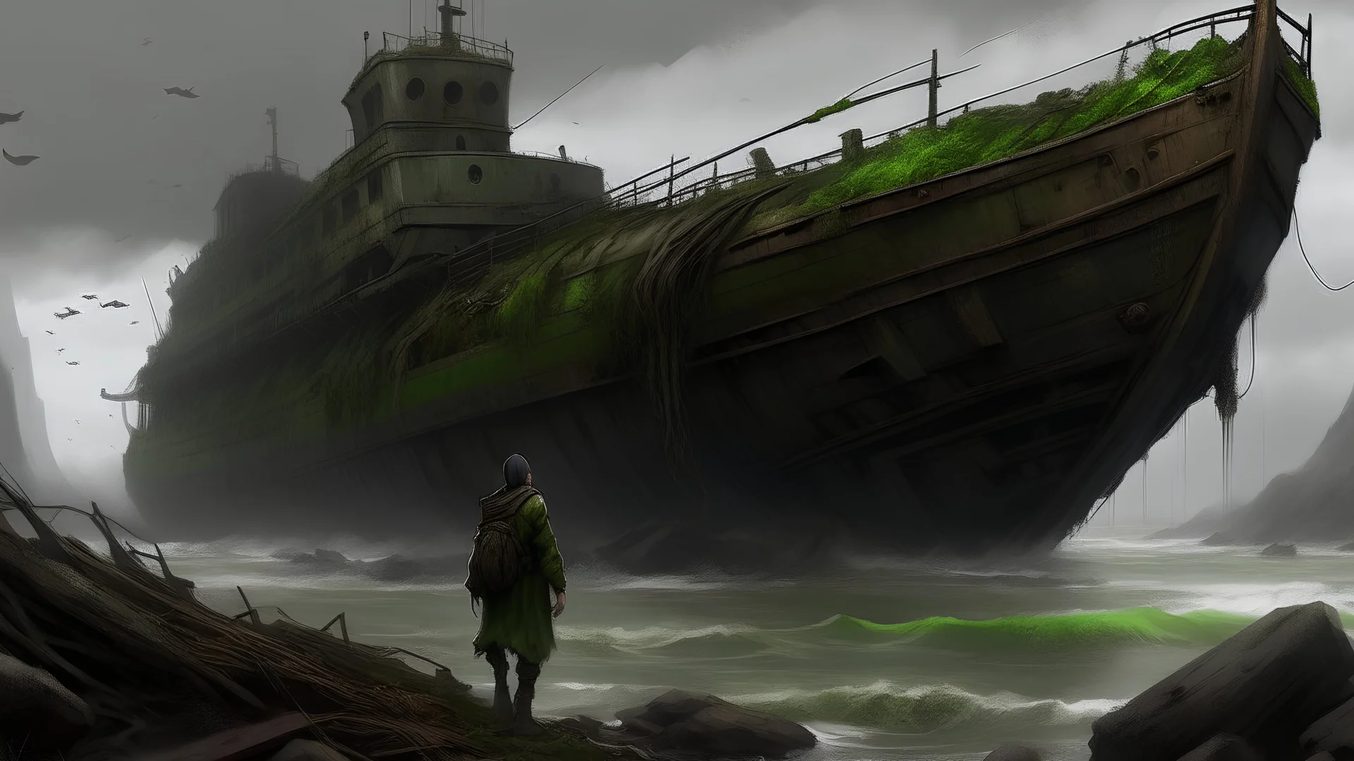 A dramatic and atmospheric scene of a deserted cargo ship, rusted and overgrown with algae and marine organisms, stranded on a rocky coast. The ship's hull is partially submerged, and its skeletal frame is visible against the gray sky. A solitary figure stands on the rocks, observing the decaying vessel, wrapped in a raincoat against the harsh winds. The rough, stormy sea crashes against the ship and the shore, adding to the sense of isolation and desolation.