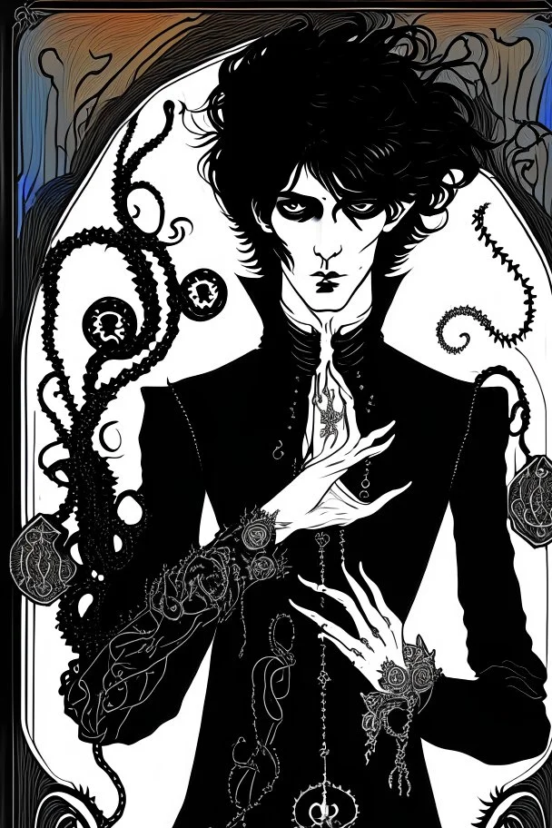 black haired young man necromancer wizard with gothic jewelry and tentacle fingers in the style of Aubrey Beardsley