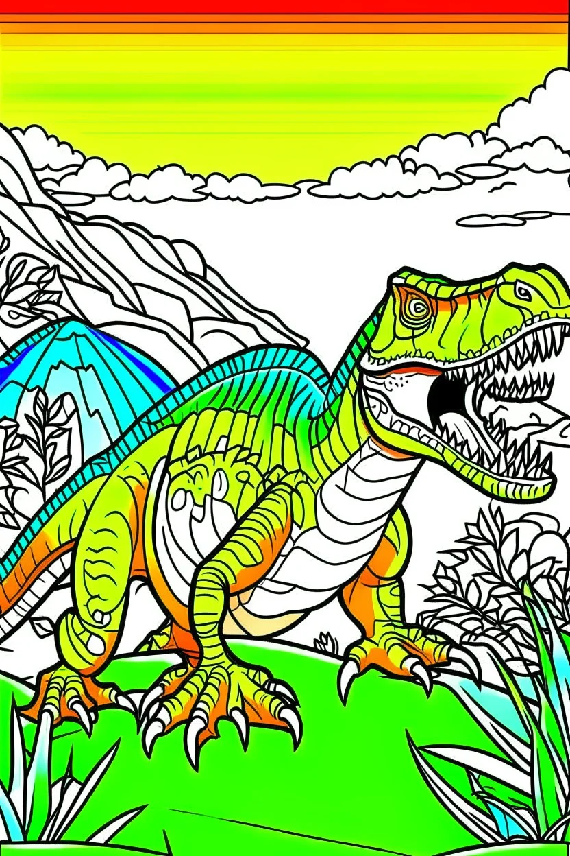 create a coloring page Illustrate a young adult T-Rex engaging in a territorial display, roaring loudly and displaying its dominance to rival dinosaurs. Kids can color the scene to show the vibrant colors and ink drawing clipart, simple line illustrations, colored