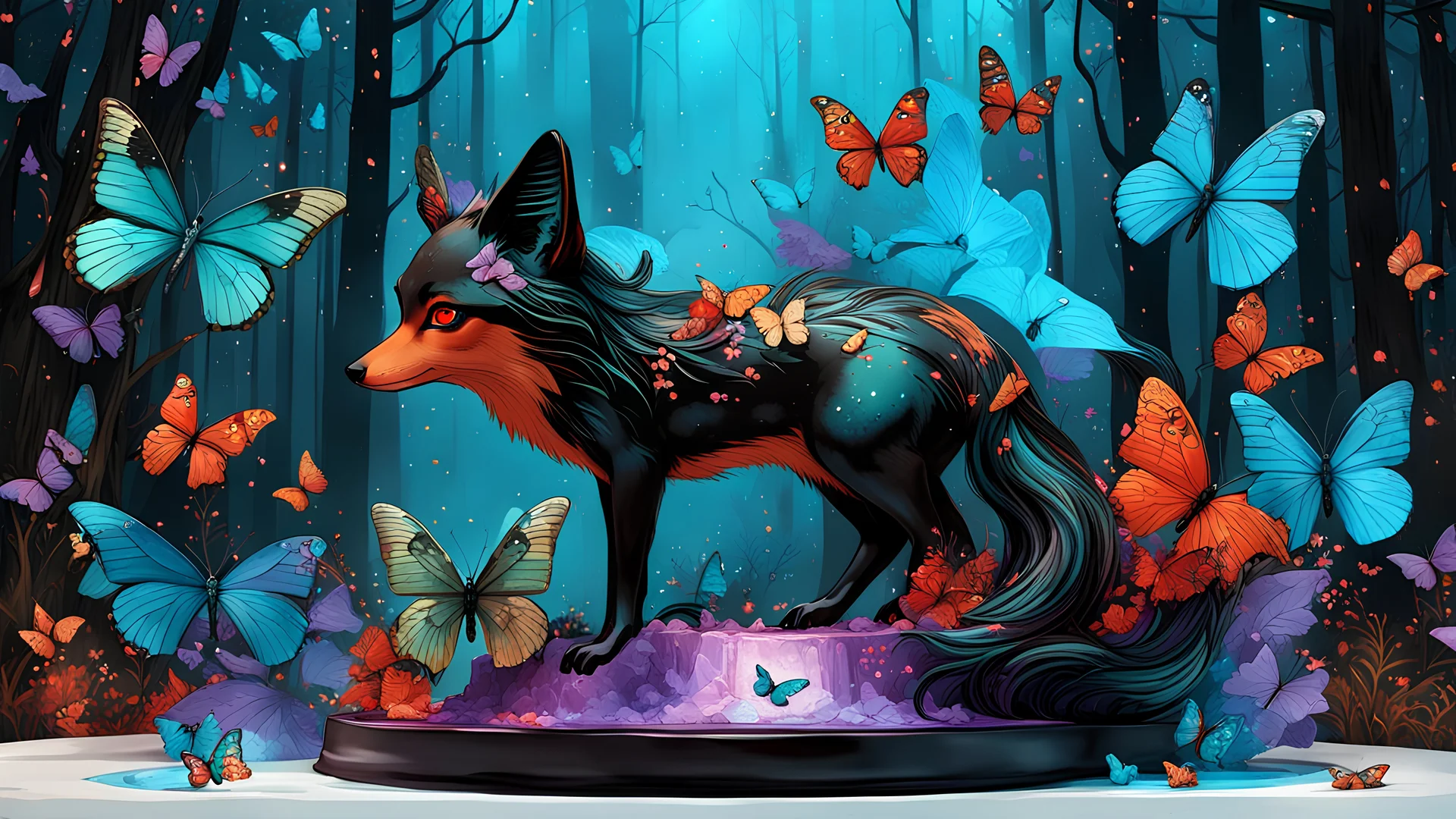 A beautiful black and red long tailed fox covered in luminescent cyan and purple butterflies in a gold and iridescent forest (cake sculpture:1.5), Edwin Landseer, 8k splash art, spray paint, oil gouache melting, polychromatic, ultra_detailed, ultra_quality, Victo Ngai, CGSociety, Russ Mills, Hyperrealistic, intricately detailed, colour depth, Perfect Composition, Hyperrealistic, splash art, concept art, mid shot, intricately detailed, color depth, dramatic, 2/3 face angle, side light, colorful b