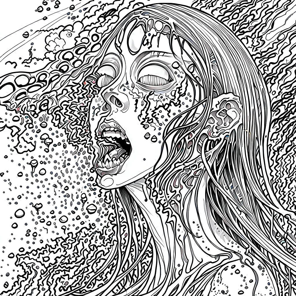 inked colorless illustration of a malevolent shape shifting female Funayurei water ghost with highly detailed facial features and skin textures, in the style of Alex Pardee , Jean Giraud Moebius, and Katsushika Hokusai, highly detailed, boldly inked,