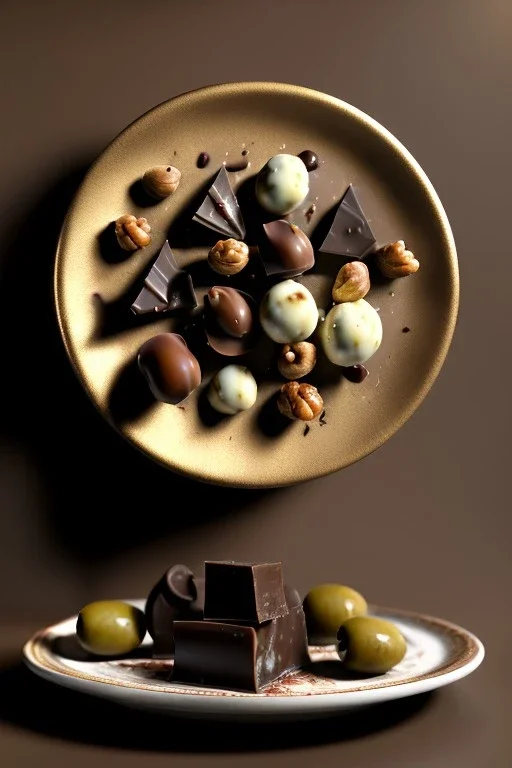 renaissance style still life Of Ravioli dish with natural chocolate and hazelnuts, olives, olive oil. moisture, art, natural, ornaments, marble, gold, high kitchen, smooth, gradient color background, unreal engine 5, ray tracing, RTX, lumen lighting, ultra detail, volumetric lighting, 3d.