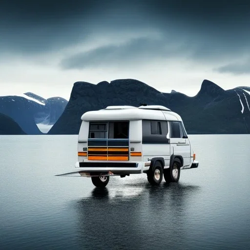 A newest Campervan is parking in a norwegian Fjord