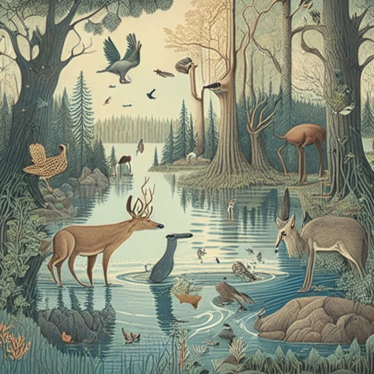 A detailed illustration with forest animals at the egde of a forest drinking from a lake.