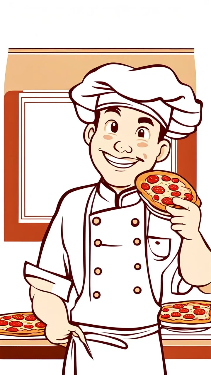 A design of a chef holding A plate of pizza his hand in a professional manner, without the background, He smiles and closes one of his eyes, cute cartoon ,Only his upper body is shown