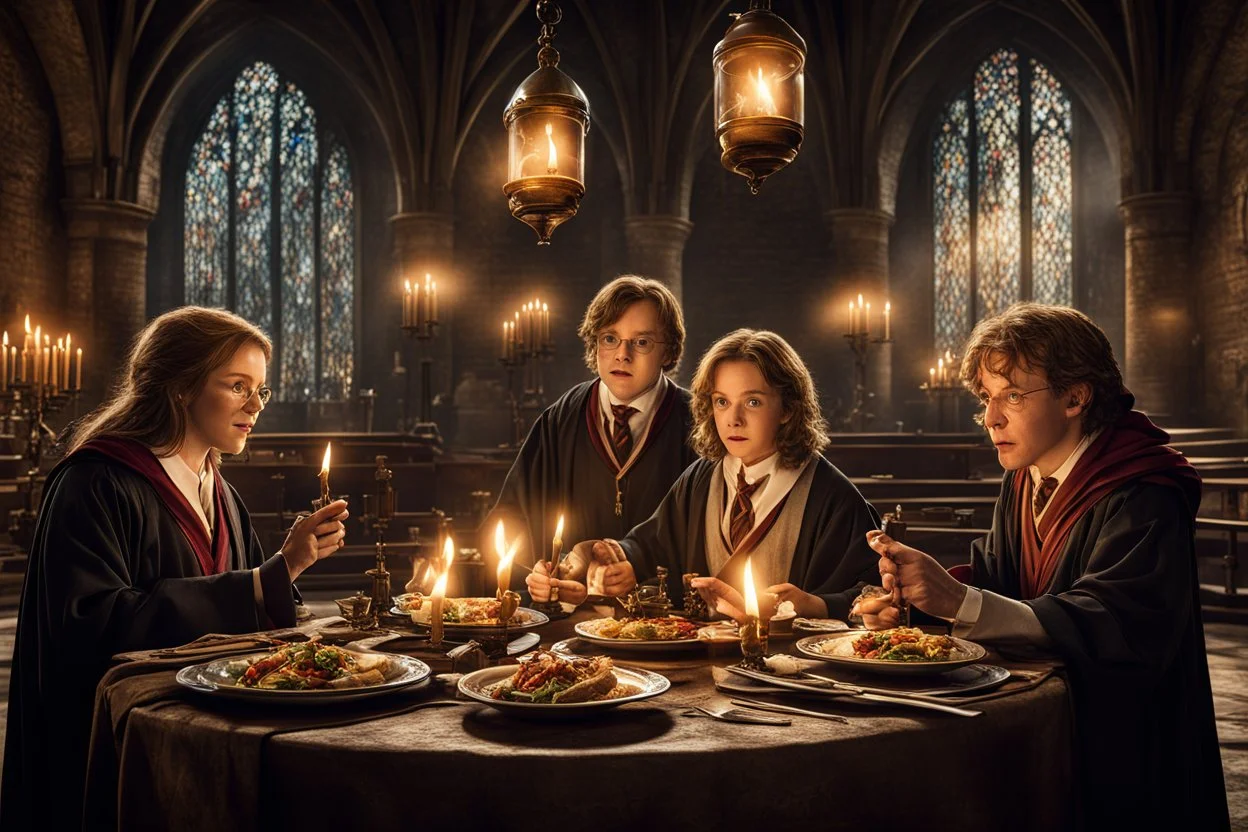 Hogwarts dining hall, Harry Potter and Hermione Grainger and Ron Weasey share a levitating candlelit dinner in their school robes, Harry Potter universe, HDR, cinematic movie still, dramatic, darkly beautiful, elegant, volumetric lighting,