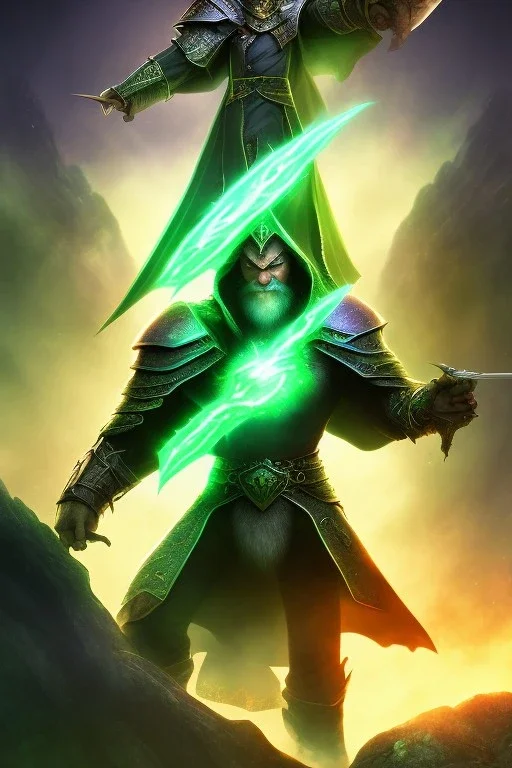 Powerful wizard using green magic, wearing dark cloak, fighting big stone monster