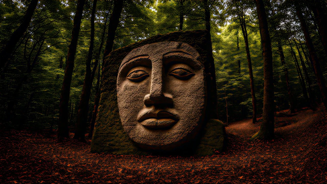 large stone carving of a face in the forest