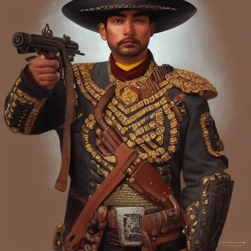 portrait,"Insanely detailed photograph of a mariachi warrior", charo with gun belt, sequenced Sombrero,handsome, detailed D20 flair, digital painting, artstation, concept art, smooth, sharp focus, illustration, art by artgerm and greg rutkowski and alphonse mucha, 8 k