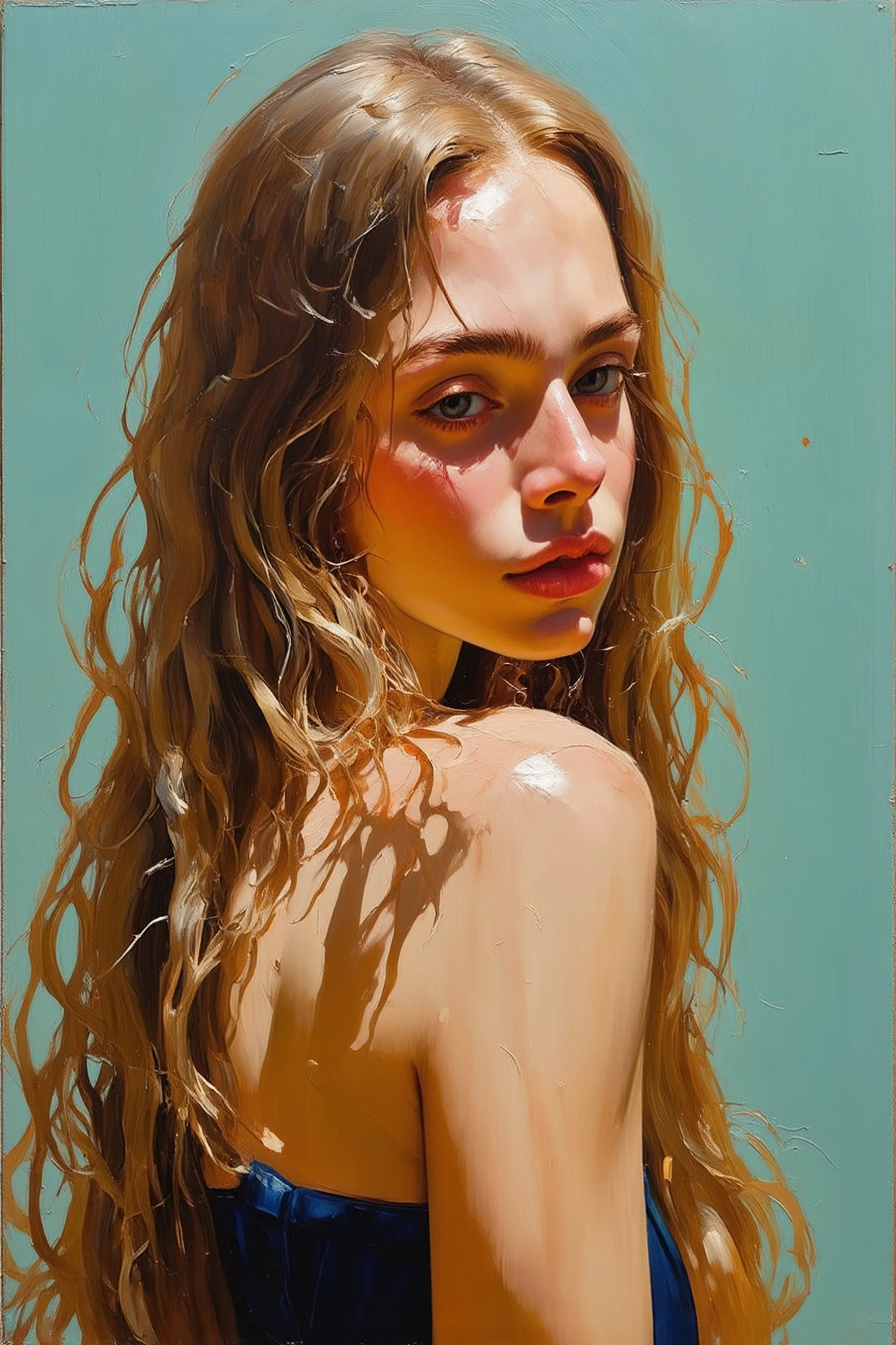 Lily-rose Depp, long hair, melancholy, the style of moebius, oil painting
