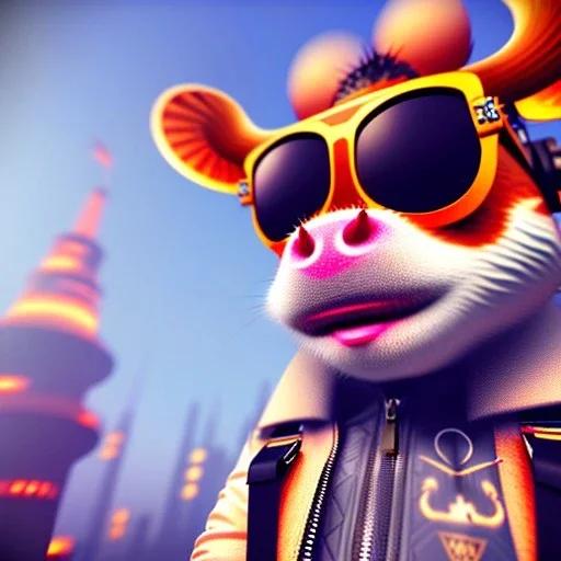 Cow toddler, smile, steampunk headphone, sunglass, gangsta neckless, full body, orange puffer jacket, tokio background, dramatic lighting, hyper realistic, unreal engine 5, 16k