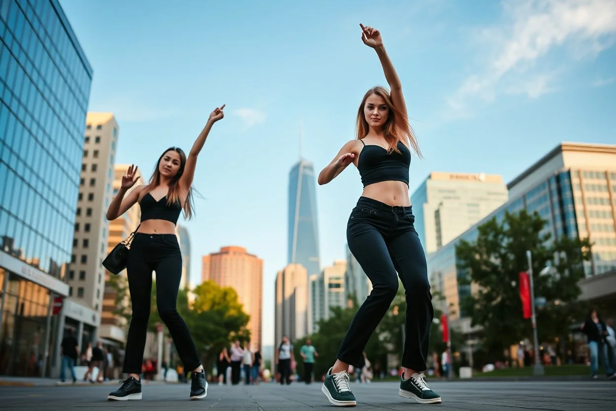 modern city wide street,pretty city scape at background ,blue sky , young beautiful ladies in pants and top ,hip-hop dancing