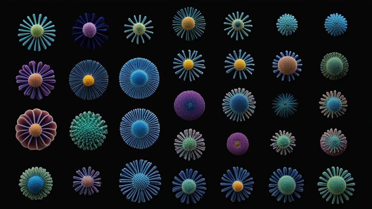 Exotic microscopic organisms, add colouration, coloured, perfect geometric designs, amazing coloured detail, beautiful composition, award-winning photograph, astonishing realism, 28mm lens, adjust perspective