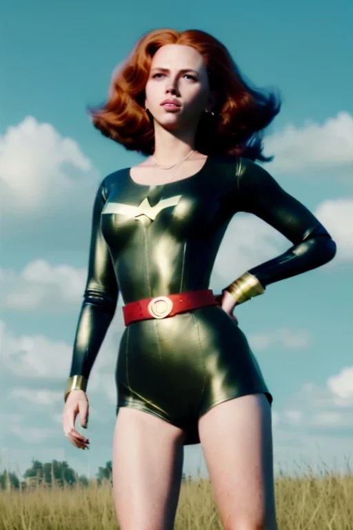 retro portrait image from 1960, sky background, wind, long red hair, fighting stance, sweet young Scarlett Johansson, black dress, classic long tight lycra black suit, gold bracelet and belt, high heel boots, superhero style, soft color, highly detailed, unreal engine 5, ray tracing, RTX, lumen lighting, ultra detail, volumetric lighting, 3d, finely drawn, high definition, high resolution.