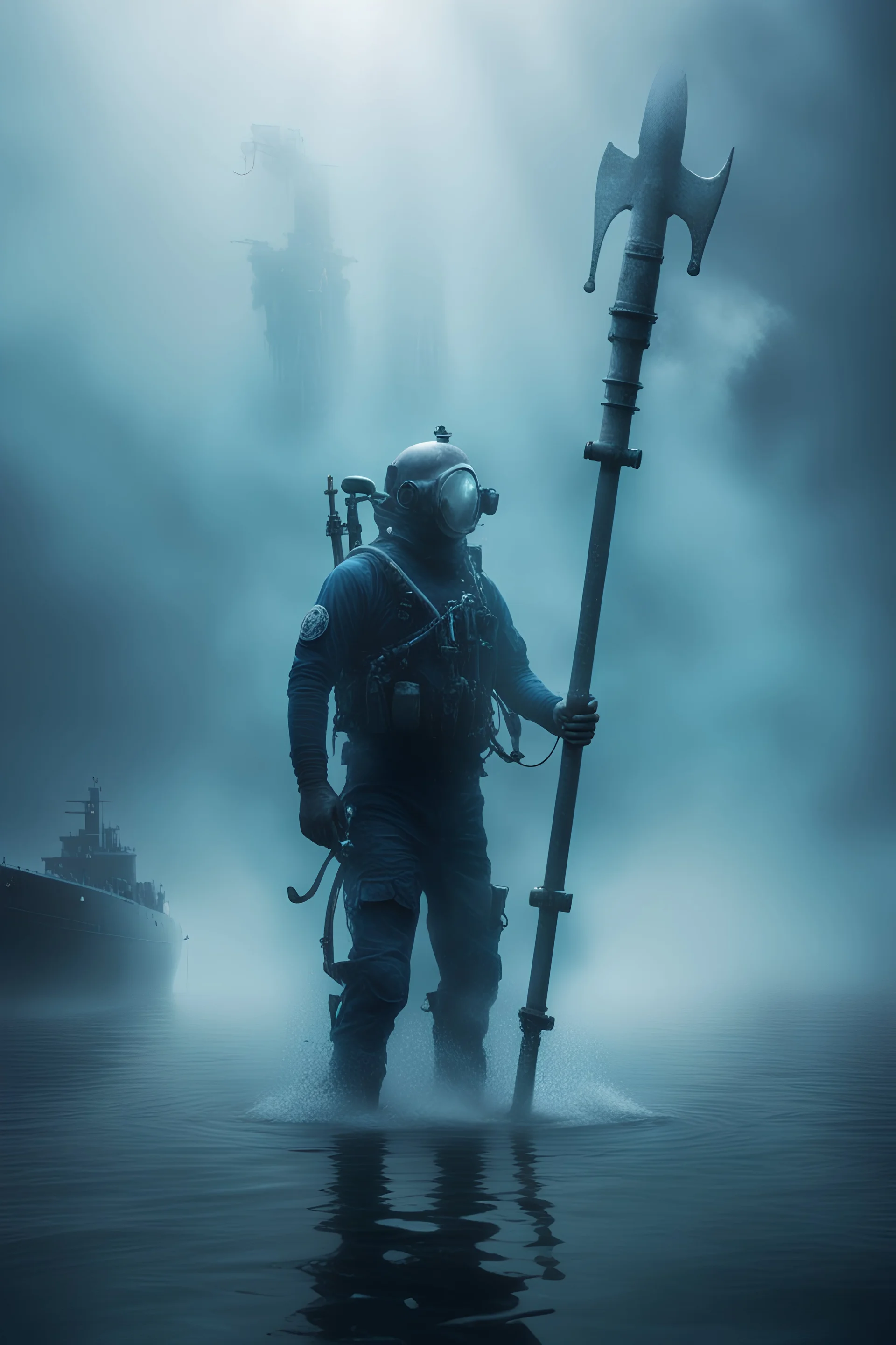 A ghostly navy diver standing in water up to his knees holding a trident surrounded by a ghostly blue mist. A wrecked Russian submarine is seen in the background.