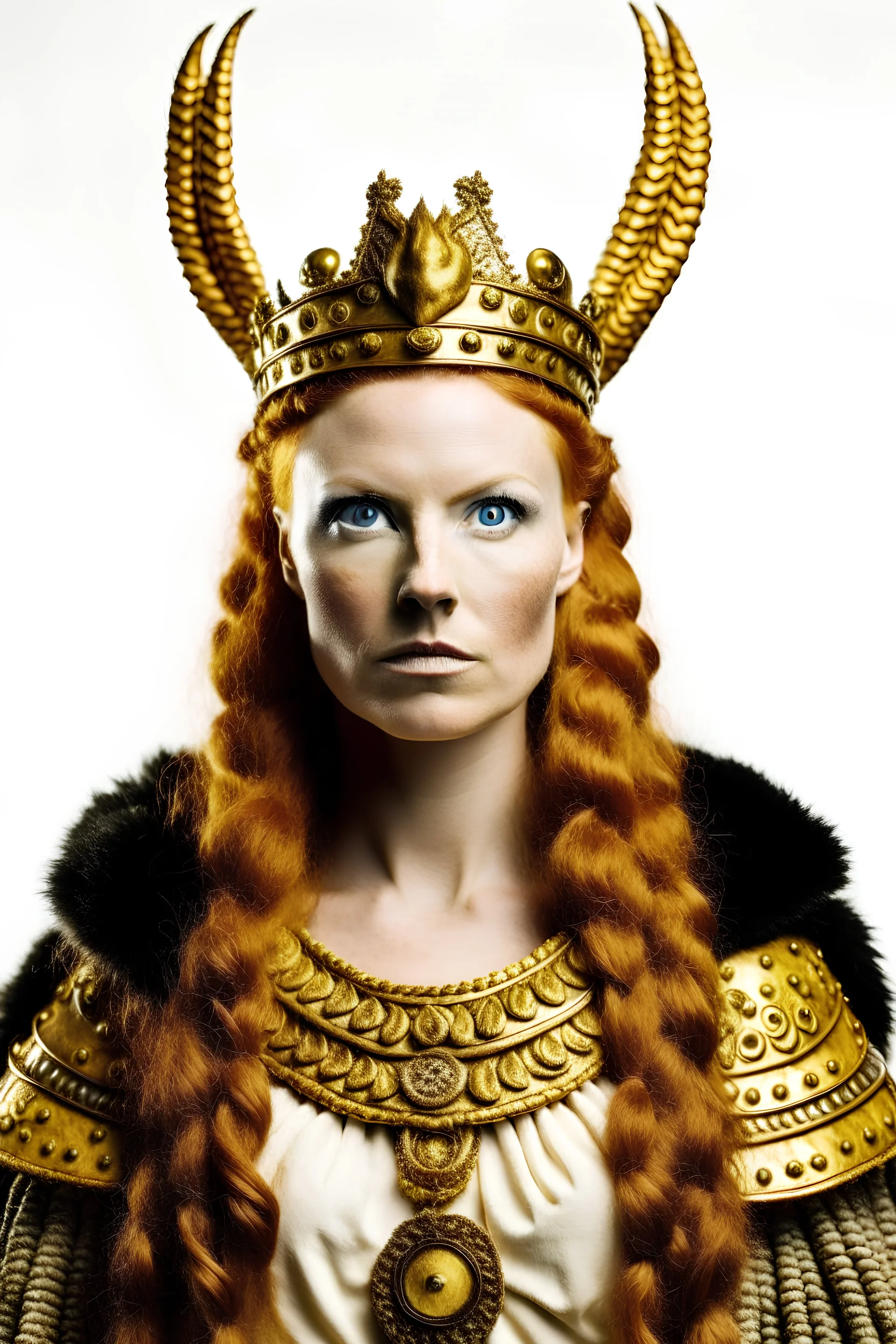 a redheaded woman valkyrie queen with two braids, gold crown, fur cloak, strong, muscled body, white background, portrait, (masterpiece),