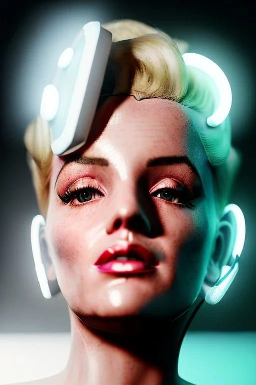 Ultra Realistic image, portrait, blonde woman, sweet Marylin Monroe face, perfect iris, glow eyes, makeup, wires attached to head. Retro sci-fi style, helmet, latex coat, fog, rain, soft color, highly detailed, unreal engine 5, ray tracing, RTX, lumen lighting, ultra detail, volumetric lighting, 3d, finely drawn, high definition, high resolution.