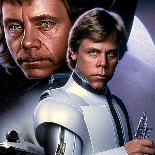 extremely detailed 8k hyperspace wallpaper,complete and photo realistic detailed head to waist stunning photo realistic portrait of mark hamill as luke skywalker in star wars with short lenght, Symmetrical, soft, fine, warm, photo realistic hair, blue eyes, professional majestic photo realistic painting by Ed Blinkey, Atey Ghailan, by Jeremy Mann, Greg Manchess, Antonio Moro, trending on ArtStation, Intricate, High Detail, Sharp focus,dramatic, by greg rutkowski,careworn face,space outfit