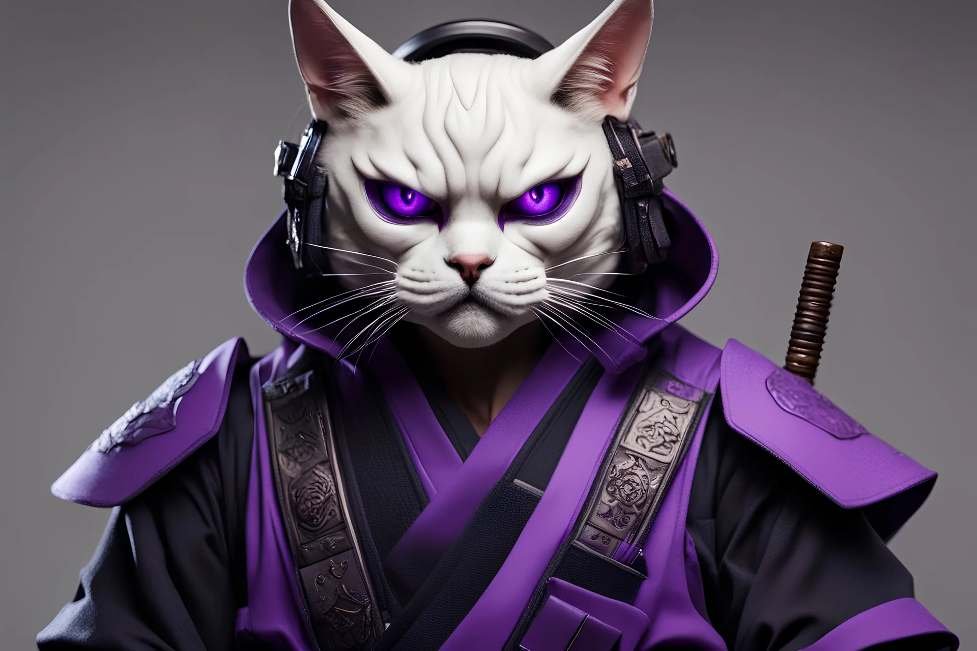 turnaround tech wear samurai with a evil cat face and dark purple eyes