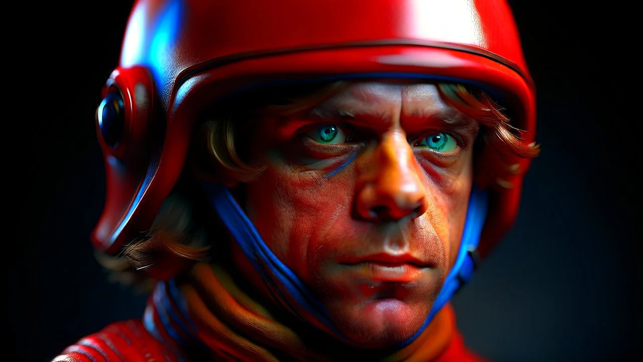 Fotorealistisch Luke Skywalker strahlend blaue Augen im offenen Helmvisier in roter Lederkombination