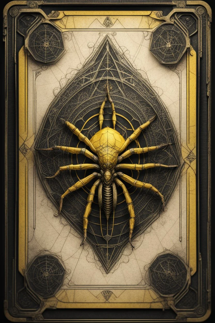 sacred geometry framed playing card on parchment, black and yellow spider relief with shadows boss card in the style of Giger and fallout 4 ,,bokeh like f/0.8, tilt-shift lens 8k, high detail, smooth render, down-light, unreal engine