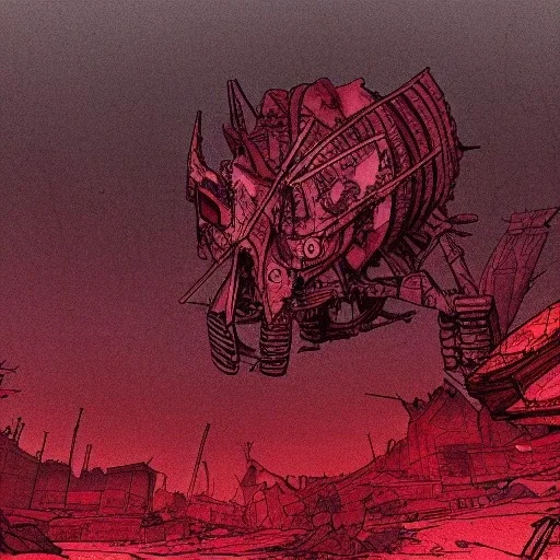  line Art coloured, destroyed, post apocalyptic, darkred tones,