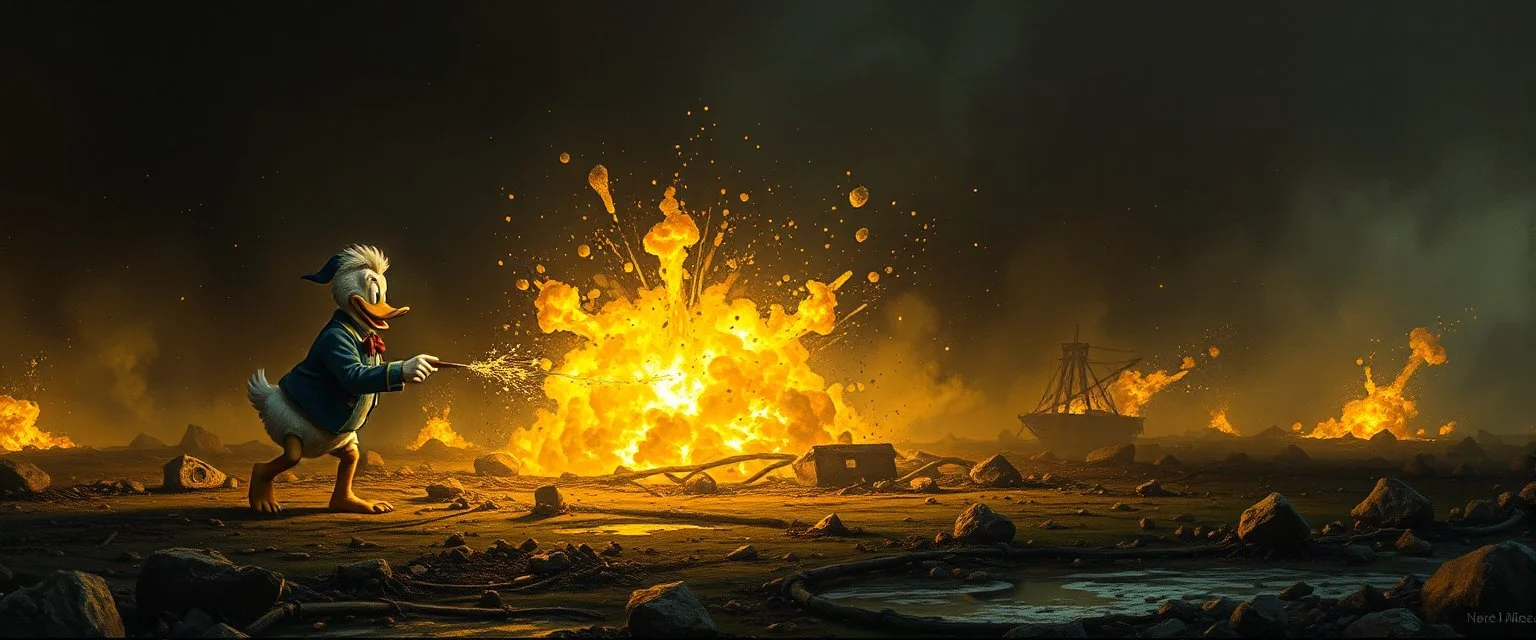 Donald fikk noe av stoffet til å detonere ved ett uhell. Når Donalditt brukes som drivstoff, utløser det vanvittige krefter. In the style of Rembrandt and Fallout 4