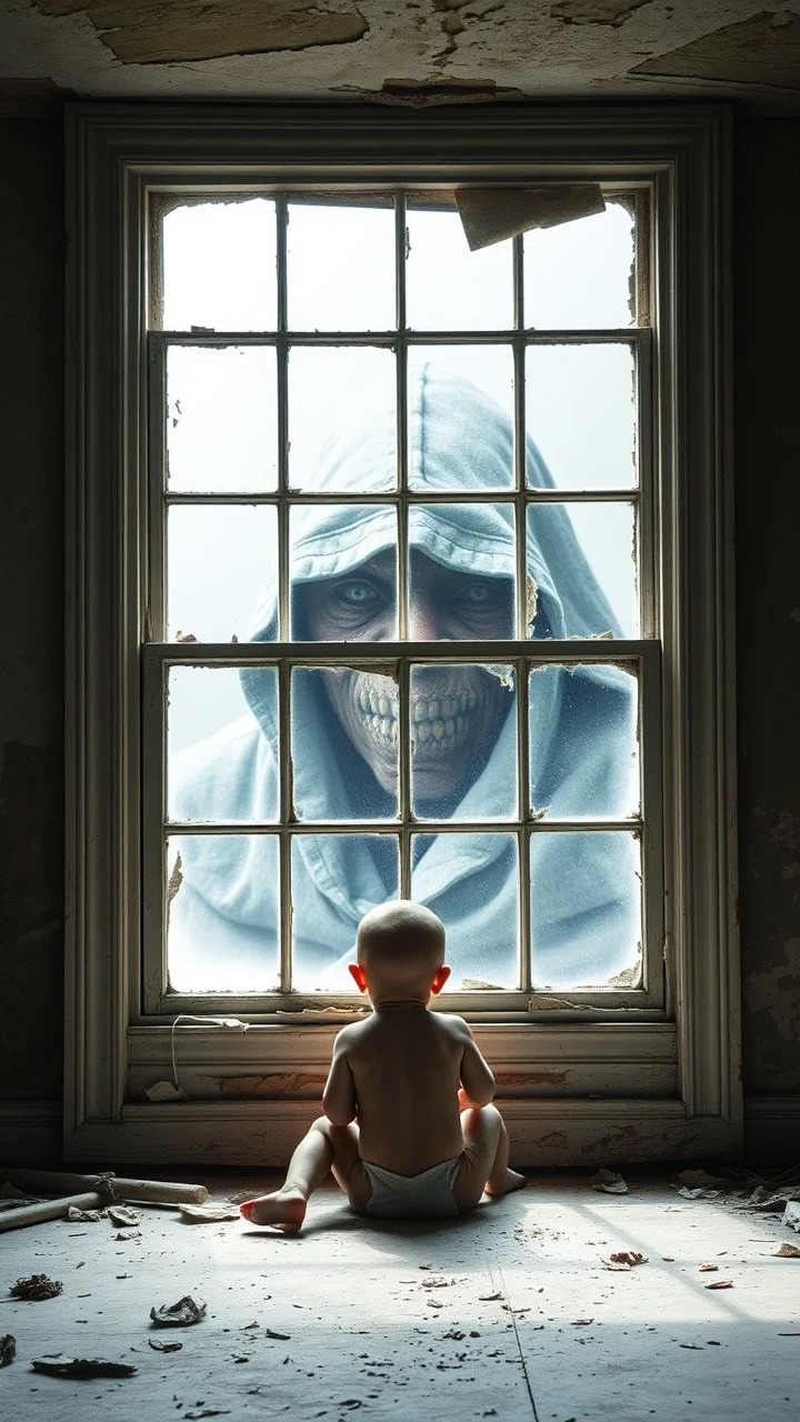A baby in the crit in front of a big window in an abandoned damaged room, behind the window a face of an ugly hooded creature