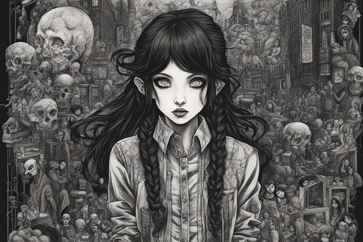 create a full body portrait illustration of a dark haired vampire gothpunk girl with highly detailed , sharply defined feminine facial features, in a chaotic, turbulent, otherworldly London in the anime style of Junji Ito, precisely drawn, inked, with dramatic edges,