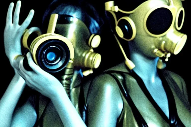 Golden to cyan surfaces body, latex. Tendril-gas-mask-Synthesizer-proboscis. Lightly armored bodies. Metallic headphones and speakers. Yumi Sin and Asa Akira. Old-fashioned cameras integrated to heads. simple faces. Strange Steam-punk Silver tumbler hands! Dystopia perfect body. Mind-download from 1970's computer. Partly symmetrical in relation to the computer. Perfect golden ratio in all directions. Space-corruption. Steam-machines-tubes. Oppressive atmosphere. Thick cables, Enigma.