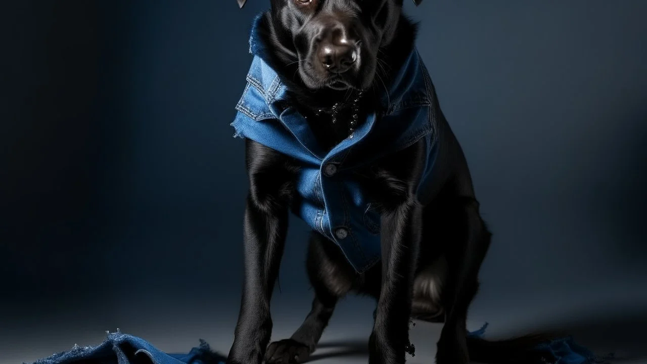 Evil, vicious black dog in blue torn pants