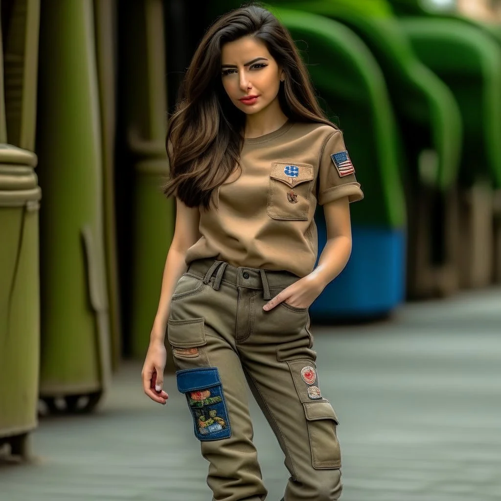 latin model wearing cargo jeans with patch embroidered