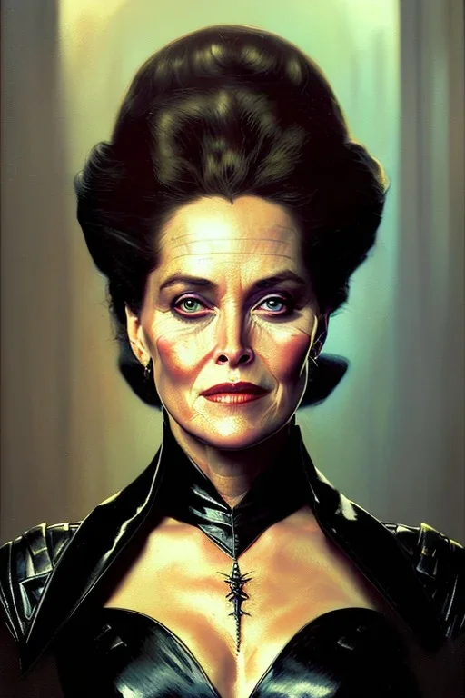 painting of Sharon Stone as evil queen in black leather gown, feminie, angry, stern look on her face, emperious, highly detailed, digital painting, artstation, concept art, smooth, sharp focus, illustration, art by gaston bussiere and alphonse mucha