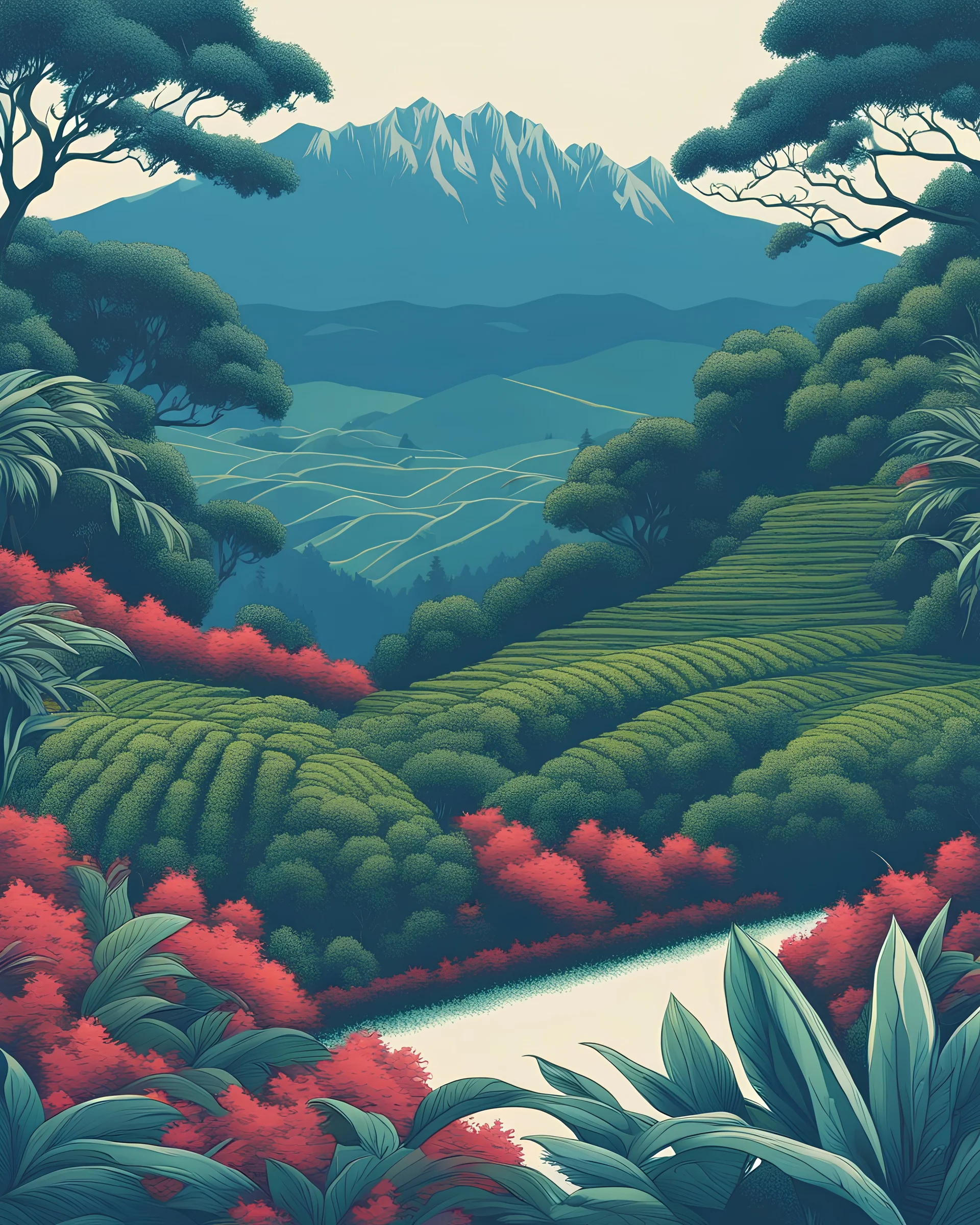 tropical tea plantations,blue mountains background, trees, in the style of poster art, hyper-detailed, richly colored in white background, retro style illustration