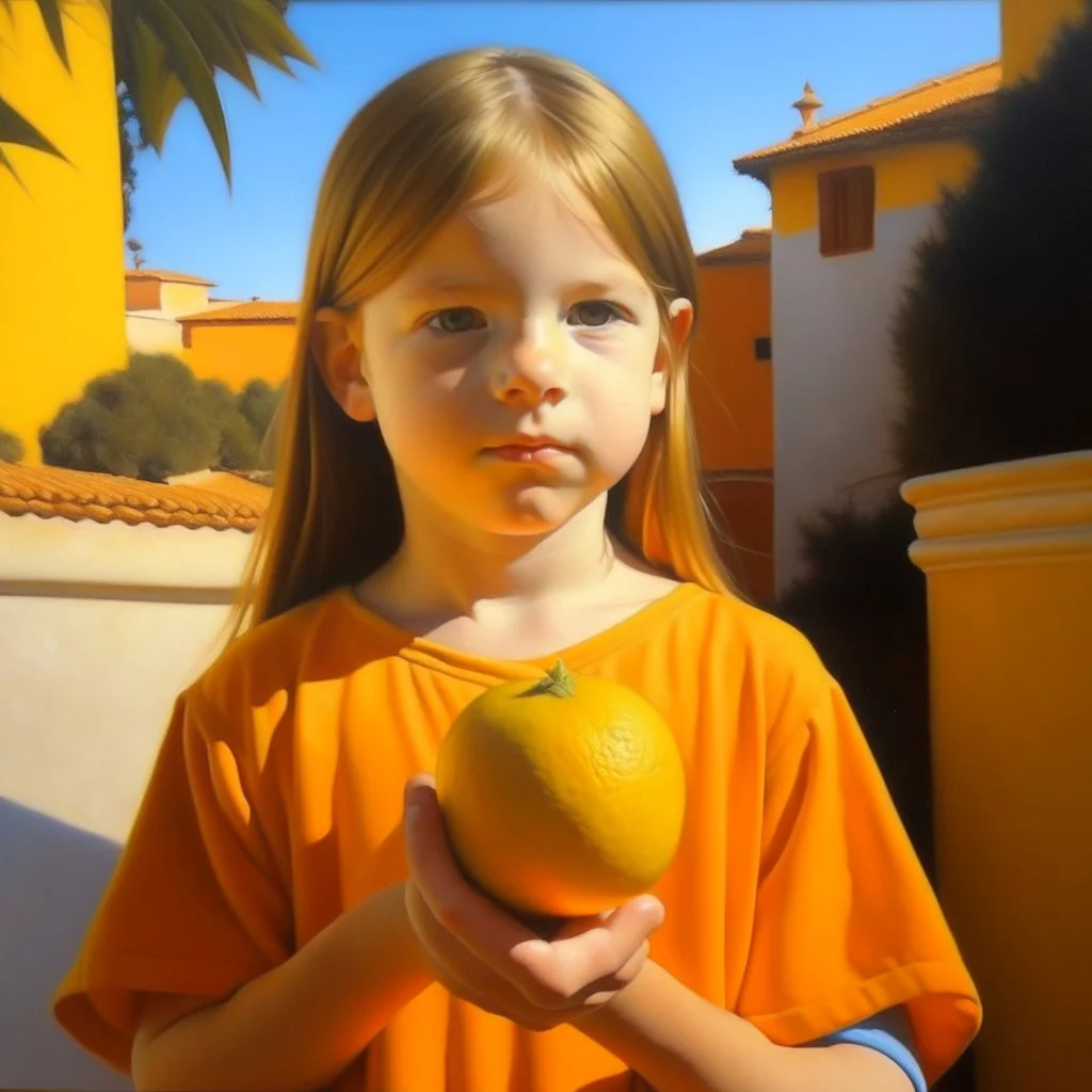 Neoclassicism child holding an orange painting yellow realistic cote d'azur