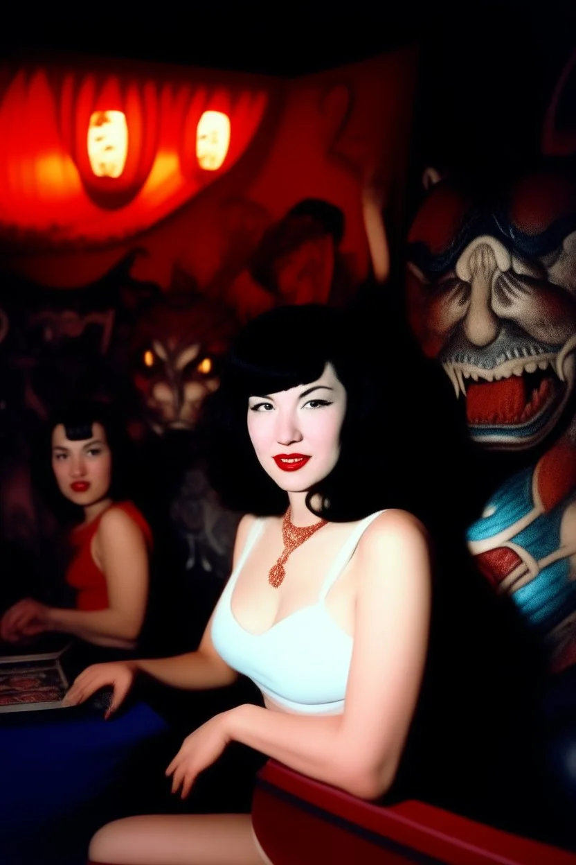 Betty Page and demonds, art from japanese style 1980 movie. Heavy metal arcade. perfect lighting, leica summicron 35mm f2.0, kodak portra 400, film grain. hangover post party, wasted, closeup.