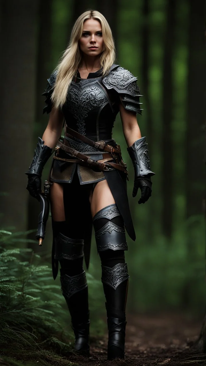 blonde female hunter wearing leather half armour dark fantasy Realistic 4k