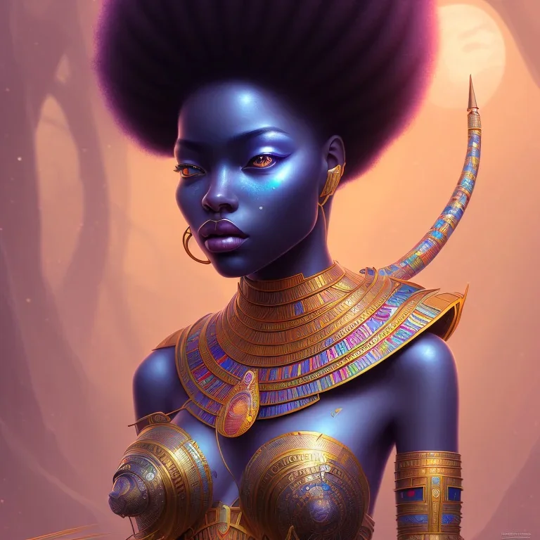 sango fantasy, fantasy magic, intricate, sharp focus, illustration, highly detailed, digital painting, concept art, matte, masterpiece head sexy African beauty black afro hair space lady blue African huts Egyptian princess