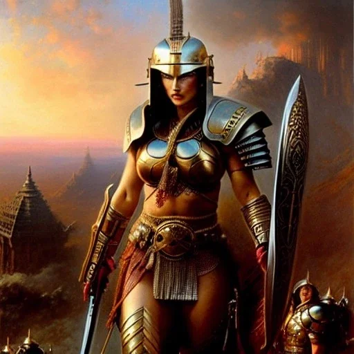 portrait ' beautiful busty Female Warrior',ancient metal armor and Helmet ,painting by gaston bussiere, greg rutkowski, yoji shinkawa, yoshitaka amano, tsutomu nihei, donato giancola, tim hildebrandt, oil on canvas, cinematic composition, extreme detail,fit full head inside picture,16k