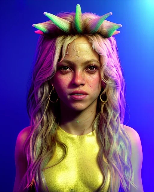 portrait, Shakira, blonde artist, Realistic image, drinking a strawberry milkshake, gold line make-up, sweat, fog, goddess style, Neon colors, leds. Black background, photo studio, concept art, smooth, unreal engine 5, god lights, ray tracing, RTX, lumen lighting, ultra detail, volumetric lighting, 3d, finely drawn, high definition, 4k.