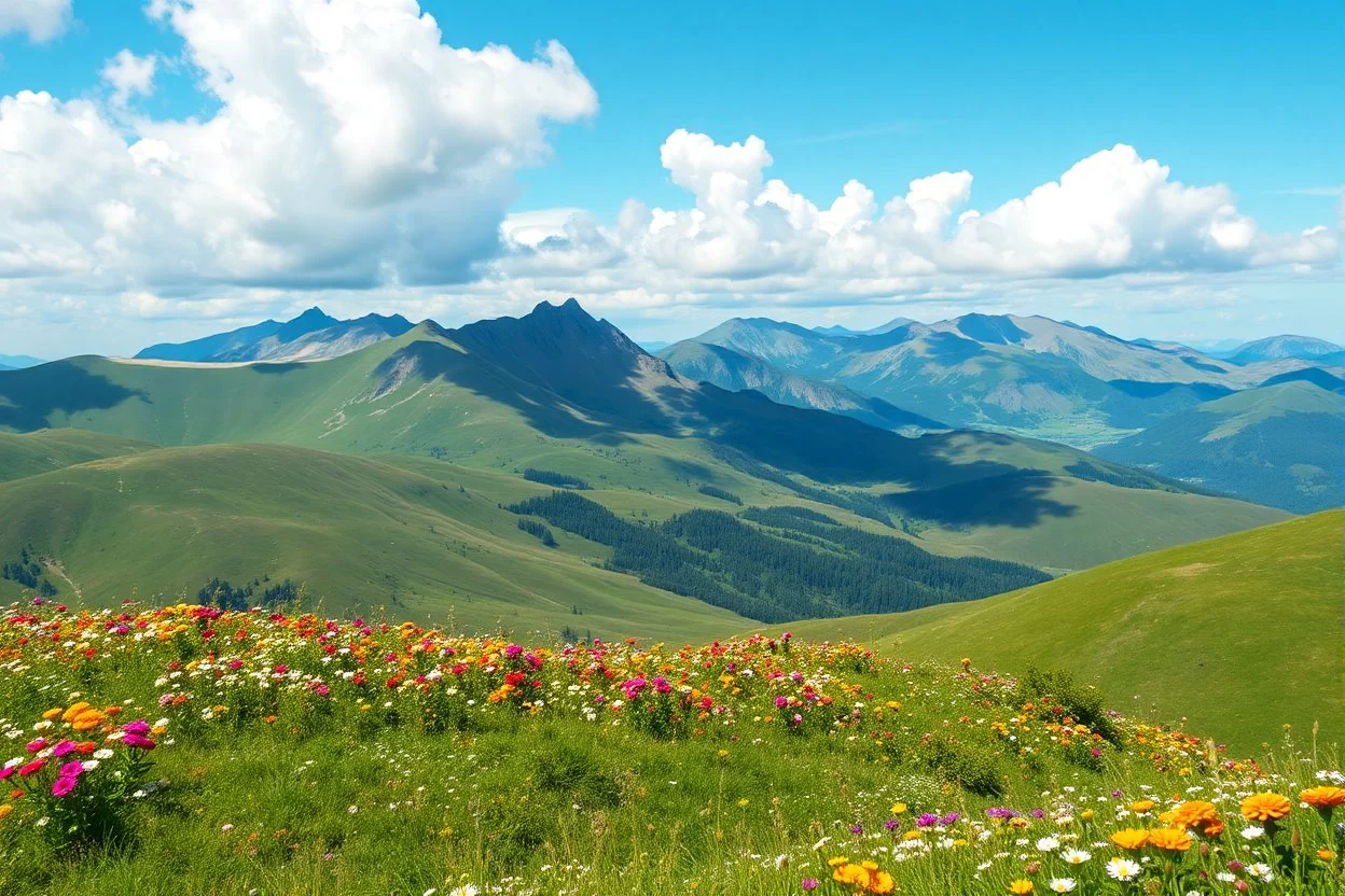 beautiful Green hills covered with flowers colorfull ,blue sky pretty clouds ,some strange flowers with love sumbol ,wonderfull mountains at distance