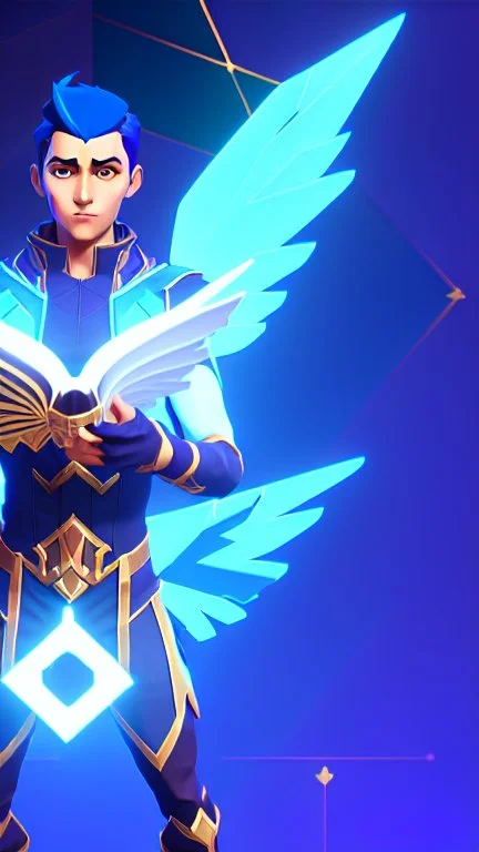 a human male with blue short hair and blue wings in assymetrical armor with geometric patterns and a book in hand, geometric wings