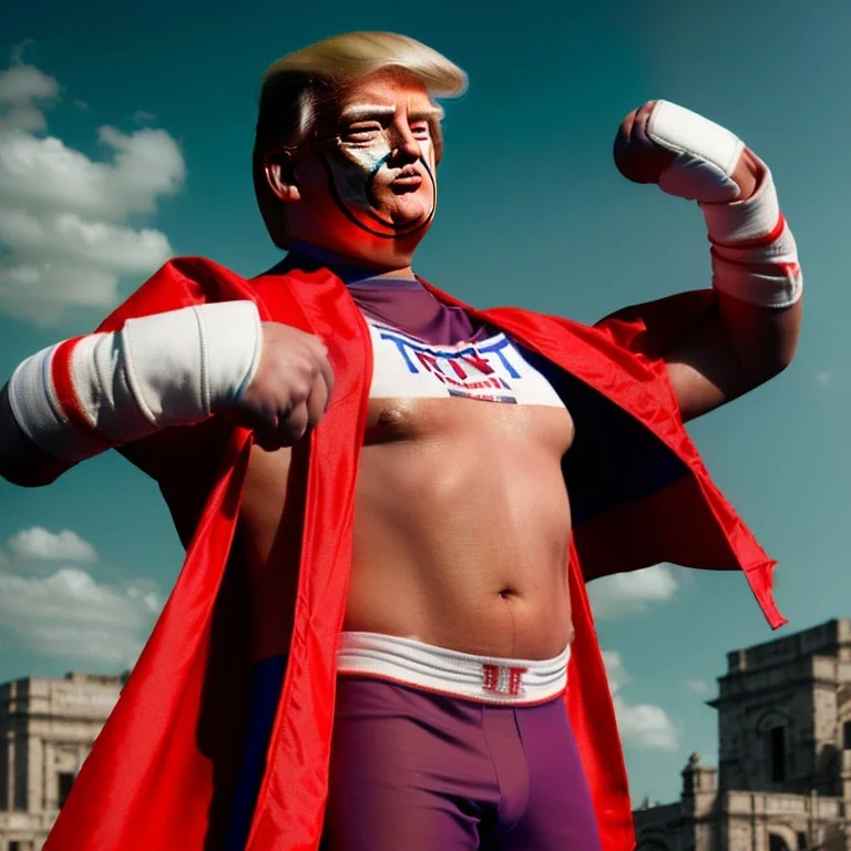 realistic image of donald trump as a mexican wrestling fighter posing outdoors, Mexican eyes wrestling mask, red and blue breeches, confederate flag cape, naked torso, retro style, 80s, vibrant color, highly detailed, sky background, concept art, unreal engine 5, god rays, ray tracing, RTX, lumen lighting, ultra detail, volumetric lighting, 3d, finely drawn, high definition, high resolution.