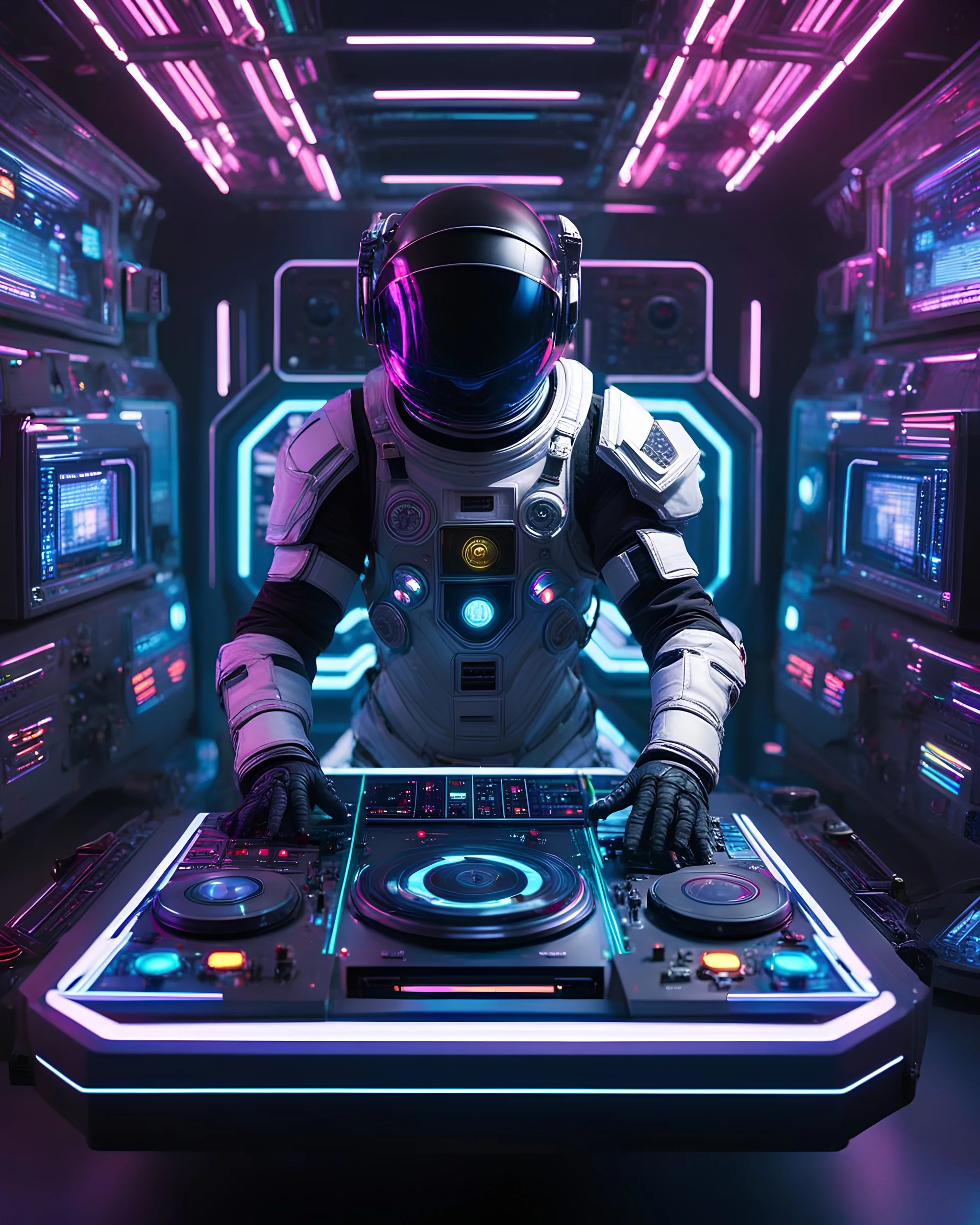 An astronaut playing turntable as DJ player in futuristic, sci-fi armor ,positioned in front of a complex control panel filled with various buttons and switches that are also illuminated, in a background resembling a corridor or chamber adorned with neon lights creating a sci-fi atmosphere, with more neons light colors,play music dj player