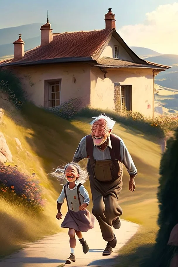 Imagen: Teo y Luna corren hacia la casa de su abuelo, que se encuentra en una colina con vista al pueblo; el abuelo los recibe con una sonrisa cálida