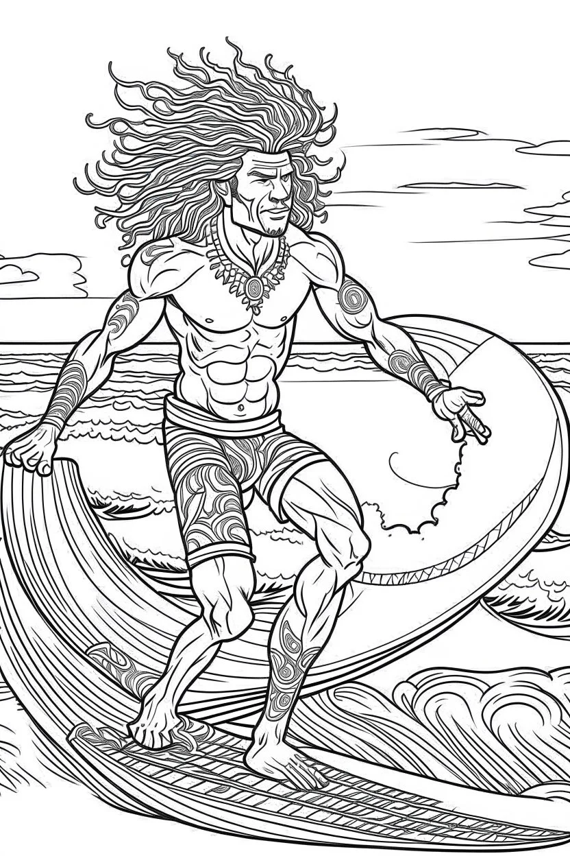 Outline art for coloring page OF A BUFF NATIVE SURFER WITH BIG CURLY KINKY HAIR WEARING SHORTS RIDING A SURFBOARD ON A WAVE, coloring page, white background, Sketch style, only use outline, clean line art, white background, no shadows, no shading, no color, clear