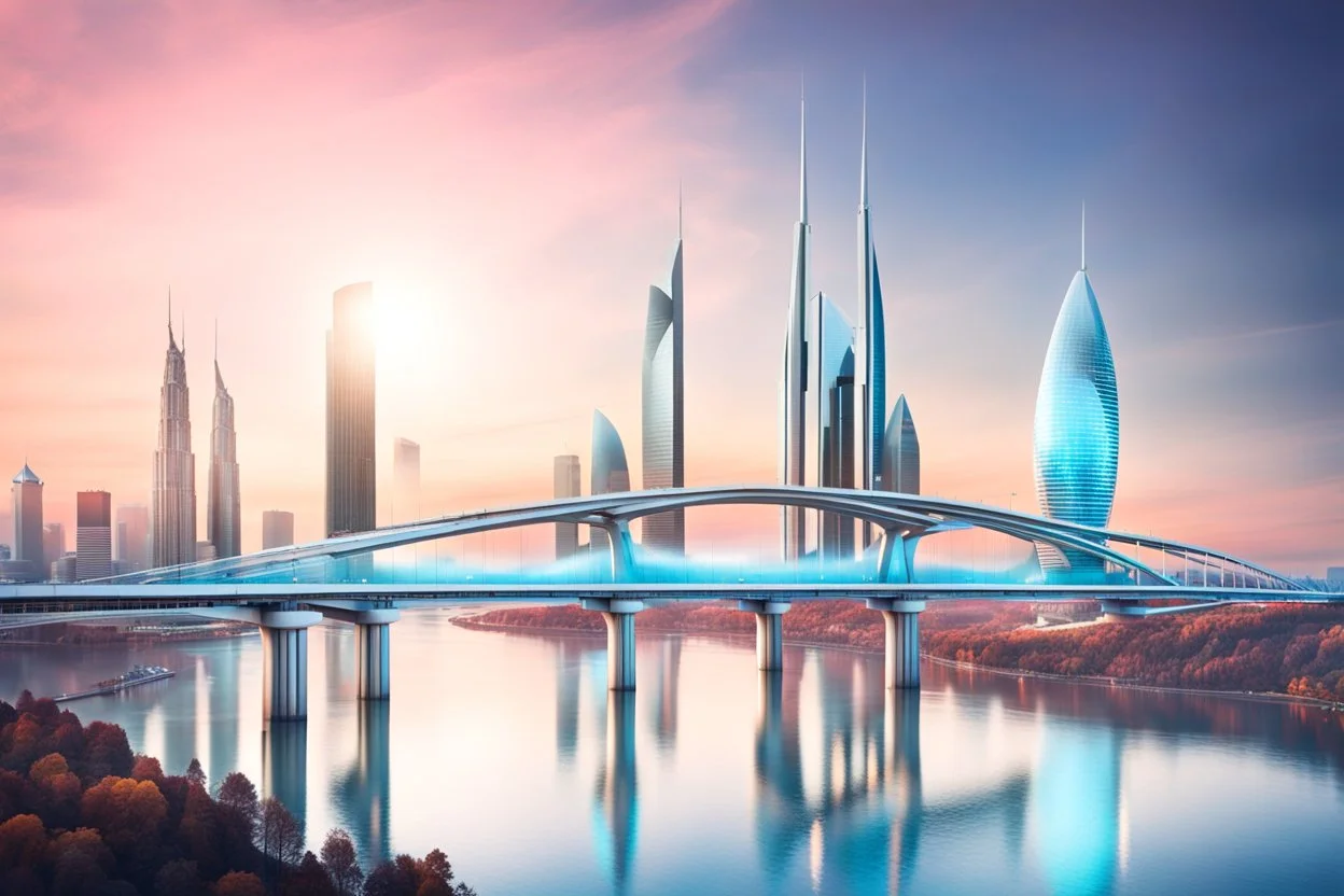 Dreamlike Skyline of Downtown futuristic hightech city in 4050 and a stunning futuristic Bridge During Sunlight with silver and darr grey clouds in sky, over the azur-silver color river, cold colors, high detalied, sci-fi, landscape