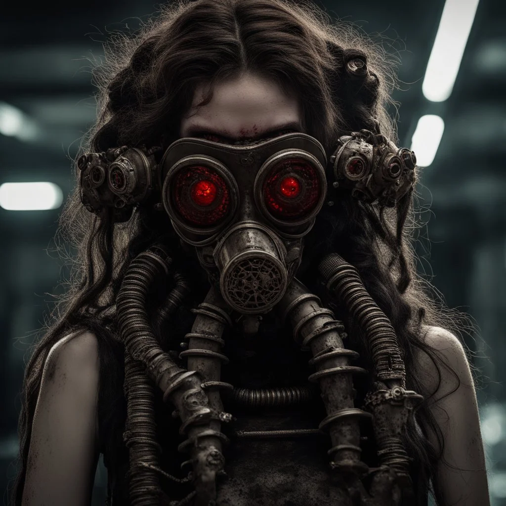 Demonic mechanical creepy aggressive necrophage zombie undead girl with scary red eyes, in a spiky mechanical gas mask with tubes, dark fantasy horror, Filigree, Aesthetically pleasing, Realistic, Professional photo, 4k, hight resolution, higly detailed, 30mm lens, 1/250s, f/2.8, ISO 100